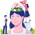 Illustration of a woman surrounded by nature and healing symbols, representing progress and balance through holistic care.